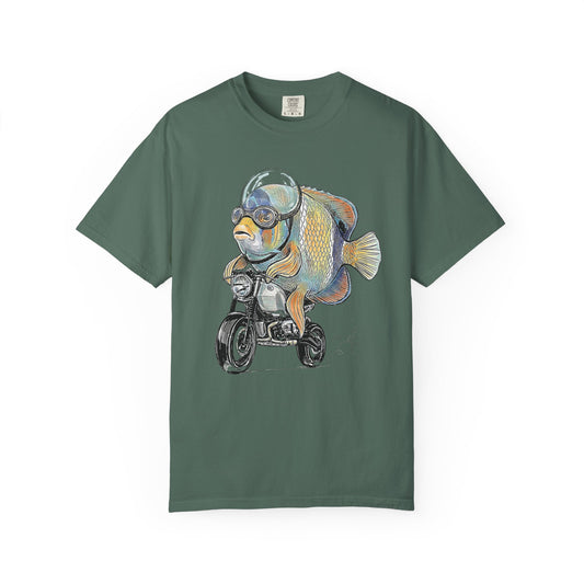 Broke Reefers saltwater aquarium graphic t-shirt featuring a detailed, whimsical illustration of a Majestic Angelfish in a bubble helmet riding a motorcycle, military green crew neck tee