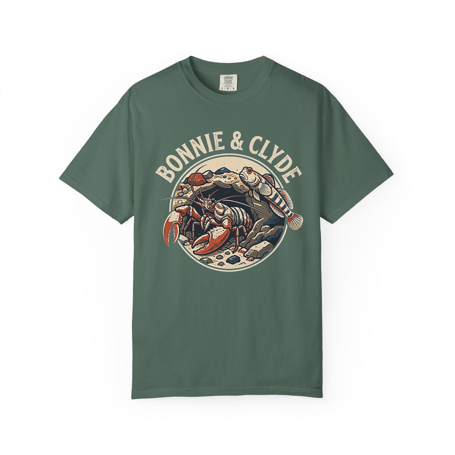 Broke Reefers saltwater aquarium graphic t-shirt featuring a circular badge illustration of a pistol shrimp and a goby with the text: BONNIE & CLYDE, military green crew neck tee