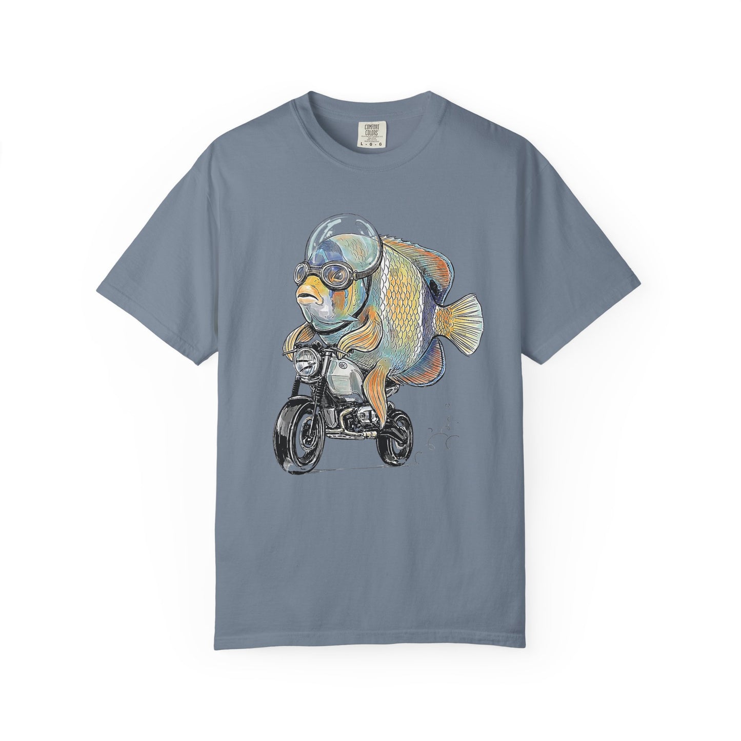 Broke Reefers saltwater aquarium graphic t-shirt featuring a detailed, whimsical illustration of a Majestic Angelfish in a bubble helmet riding a motorcycle, blue crew neck tee