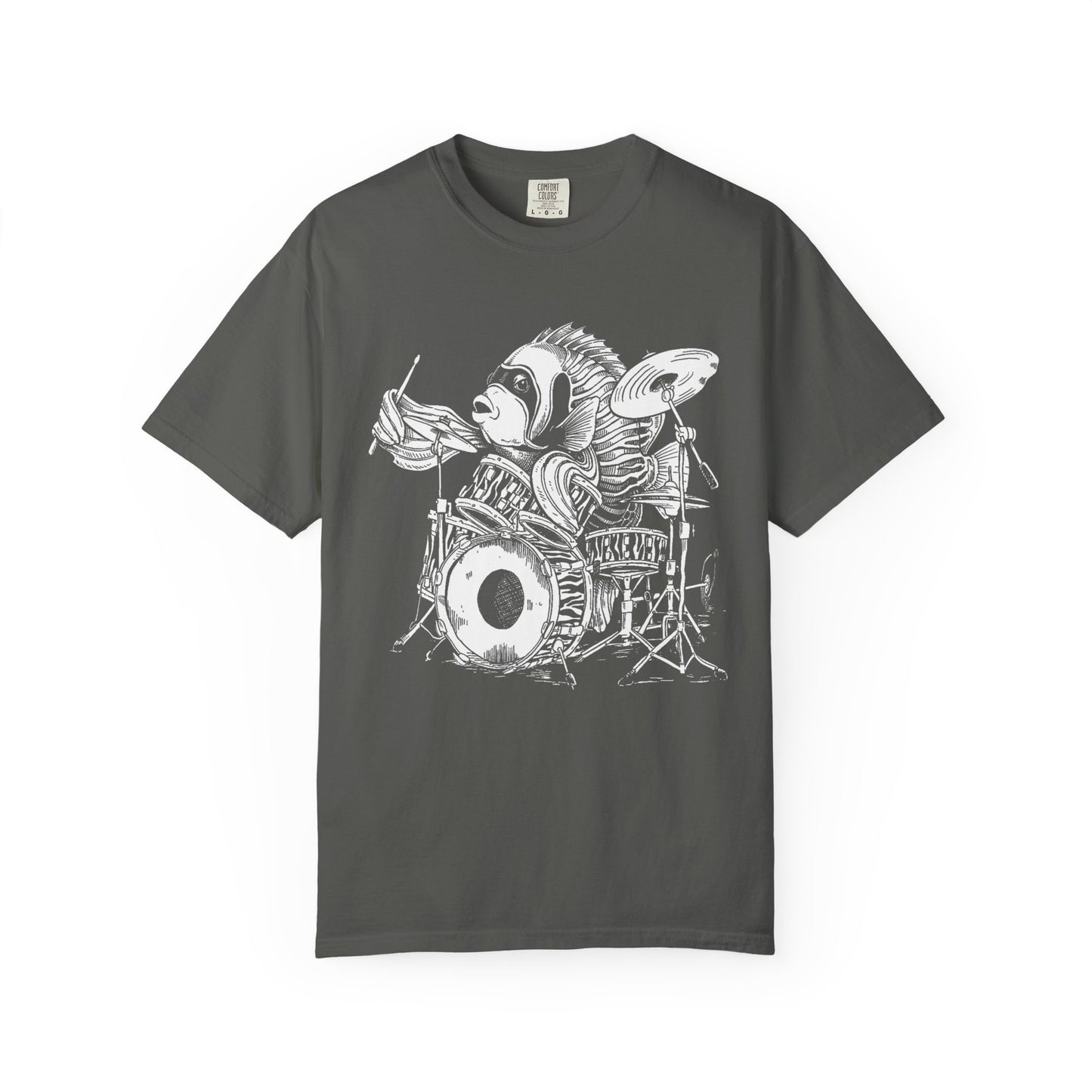 Broke Reefers saltwater aquarium graphic t-shirt featuring a detailed black-and-white illustration of an Emperor Angelfish playing a drum kit,  dark khaki crew neck tee
