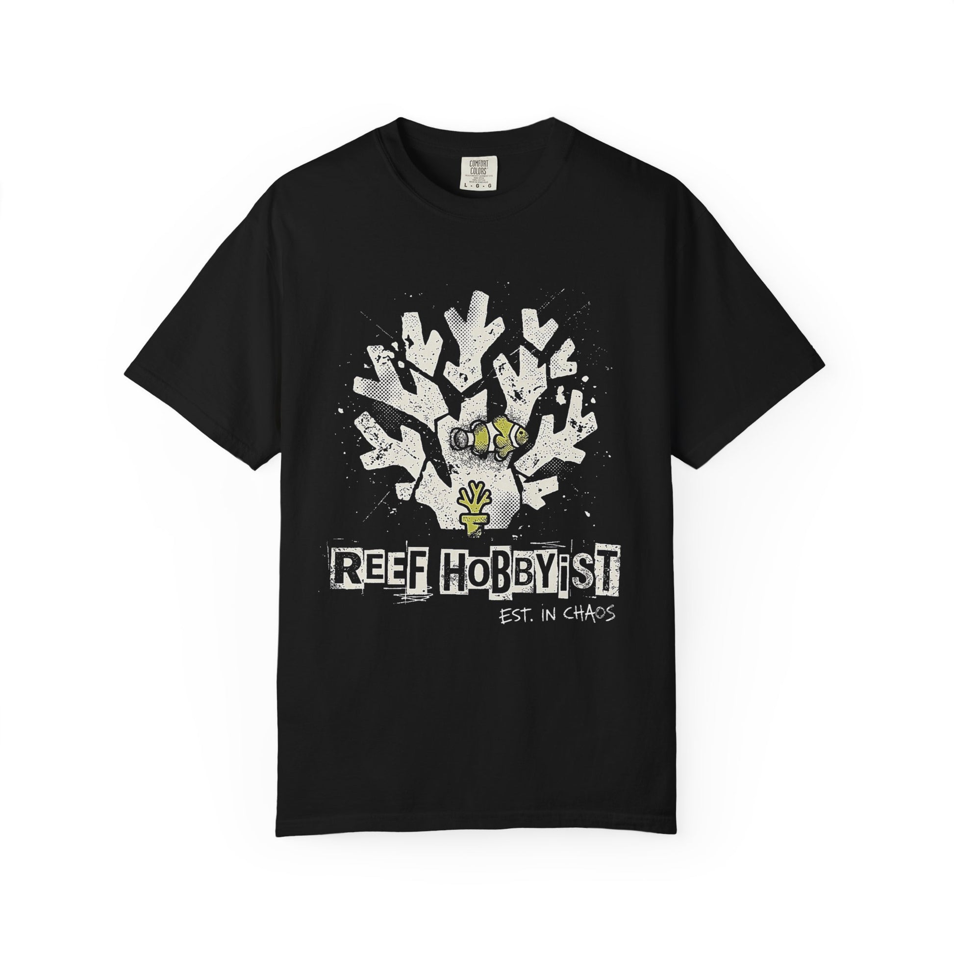 Broke Reefers graphic t-shirt featuring a bold silhouette illustration of a clownfish and coral with the text: REEF HOBBYIST, EST. IN CHAOS, black crew neck tee