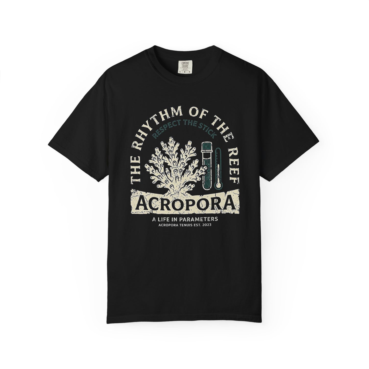 Broke Reefers graphic t-shirt featuring an illustration of an Acropora coral colony and testing tools with the text: THE RHYTHM OF THE REEF, ACROPORA, A LIFE IN PARAMETERS, black crew neck tee