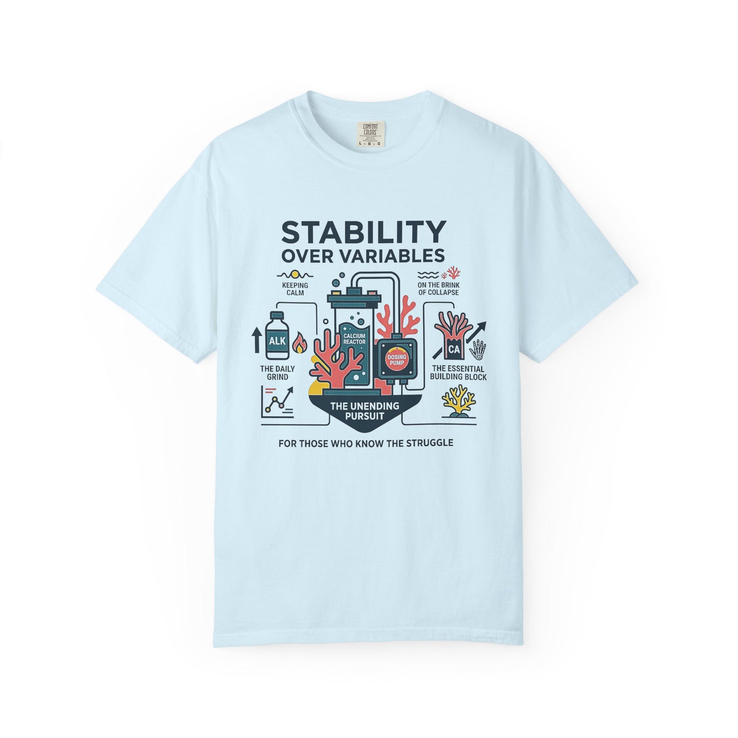 Broke Reefers saltwater aquarium graphic t-shirt featuring a detailed technical infographic illustration of reef stability components with the text: STABILITY OVER VARIABLES. THE UNENDING PURSUIT. FOR THOSE WHO KNOW THE STRUGGLE,  light blue crew neck tee