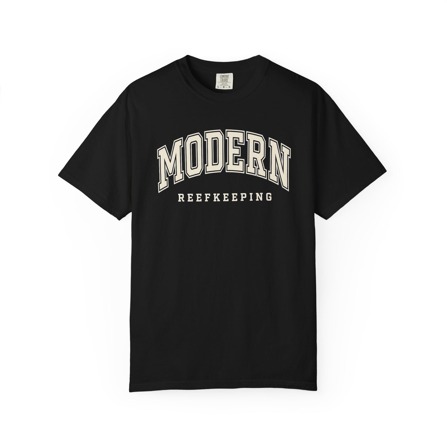 Broke Reefers saltwater aquarium graphic t-shirt featuring classic, arched collegiate-style text that reads: MODERN REEFKEEPING, black crew neck tee