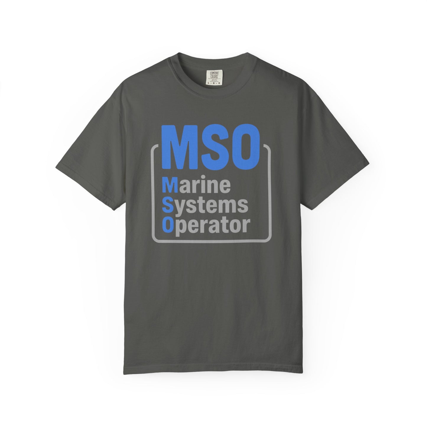 Broke Reefers saltwater aquarium graphic t-shirt featuring modern, bold typography that reads: MSO Marine Systems Operator, dark khaki crew neck tee