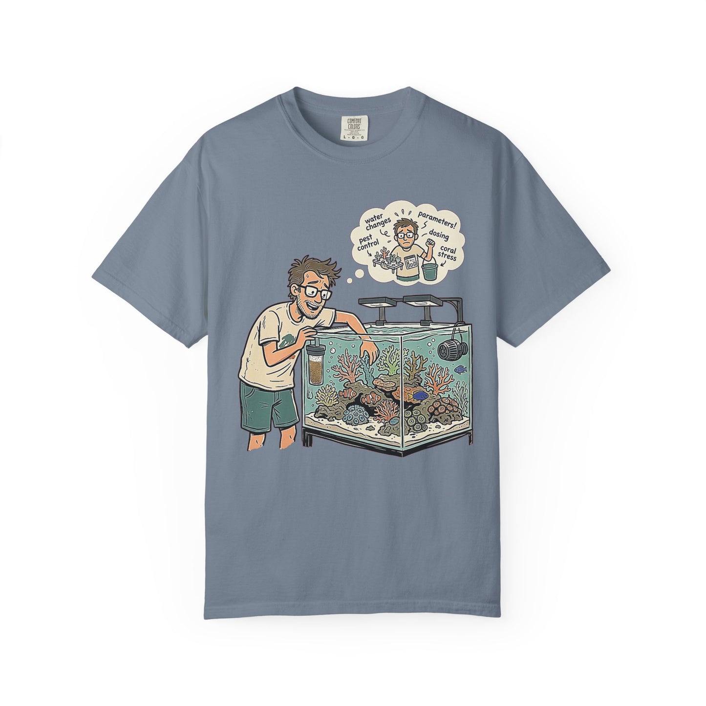 Broke Reefers saltwater aquarium graphic t-shirt featuring a detailed illustration of a reef-keeper tending to their tank with a thought bubble of reefing chores, blue crew neck tee