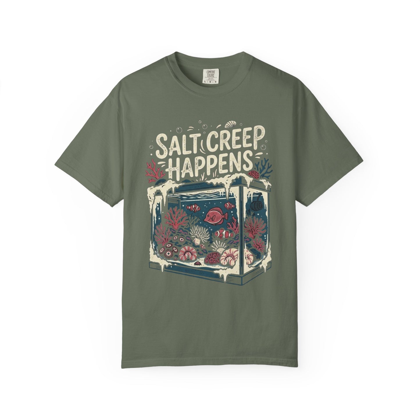 Broke Reefers saltwater aquarium graphic t-shirt featuring an illustration of a reef tank with white salt creep buildup and the text: SALT CREEP HAPPENS, military green crew neck tee