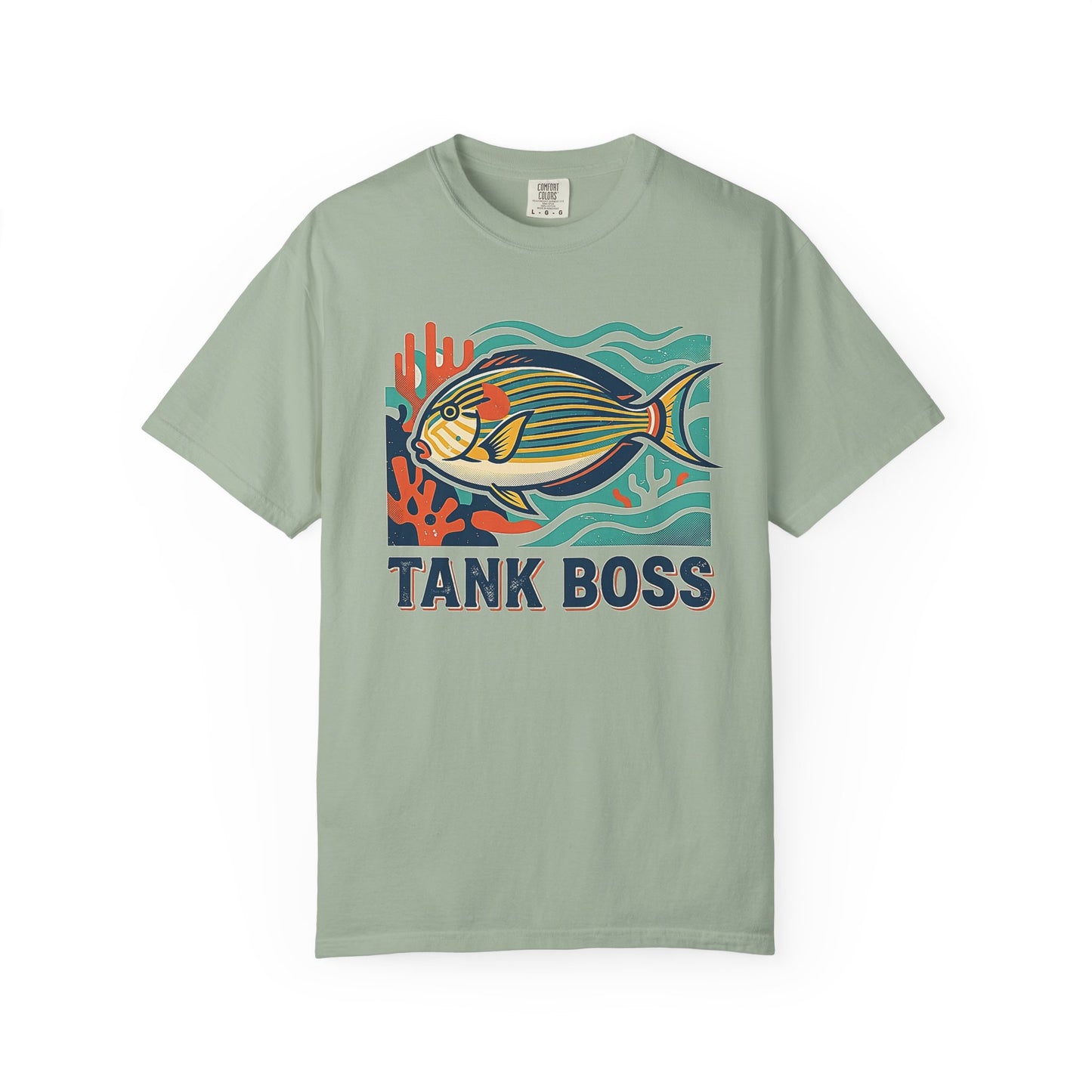 Broke Reefers saltwater aquarium graphic t-shirt featuring a stylized graphic illustration of a Lined Surgeonfish on coral with the text: TANK BOSS, light green crew neck tee