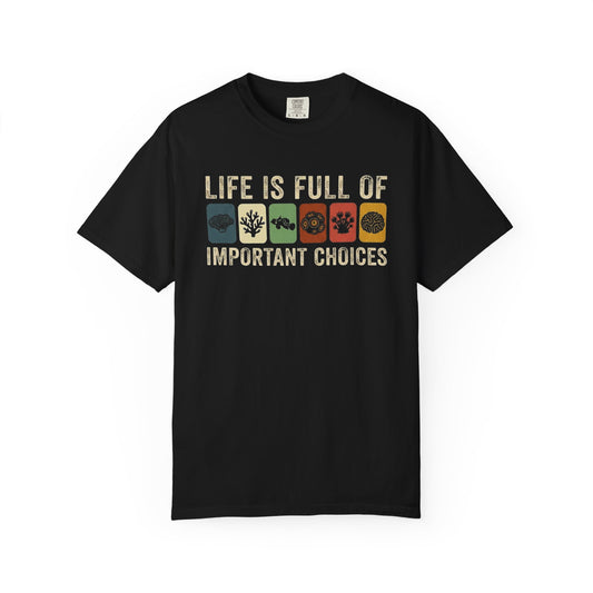 Broke Reefers graphic t-shirt featuring a grid of colorful reef-life icons with the text: LIFE IS FULL OF IMPORTANT CHOICES, black crew neck tee