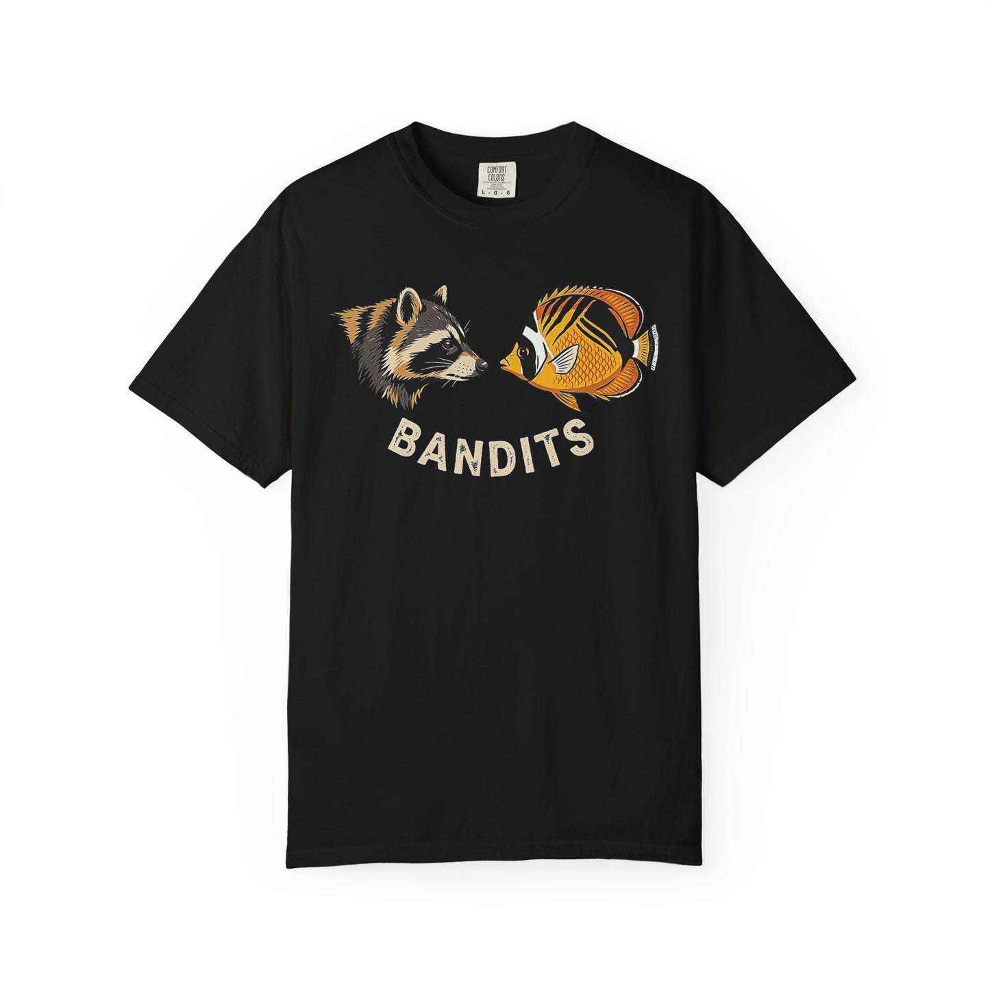 Broke Reefers saltwater aquarium graphic t-shirt featuring a paired illustration of a raccoon and a Raccoon Butterflyfish with the text: BANDITS, black crew neck tee