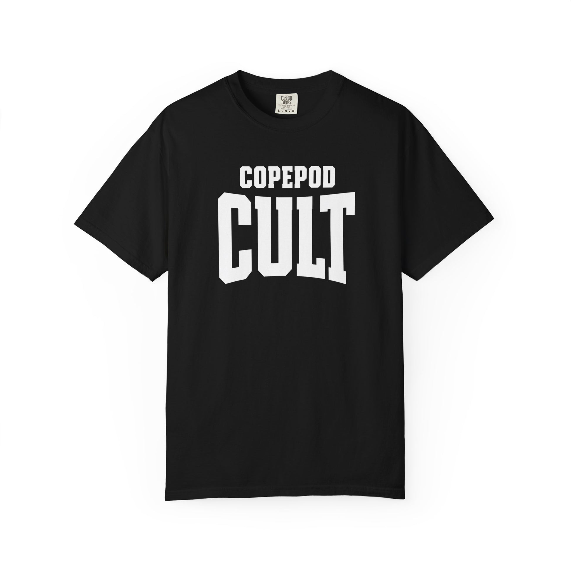 Broke Reefers saltwater aquarium graphic t-shirt featuring bold, collegiate-style typography that reads: COPEPOD CULT, black crew neck tee