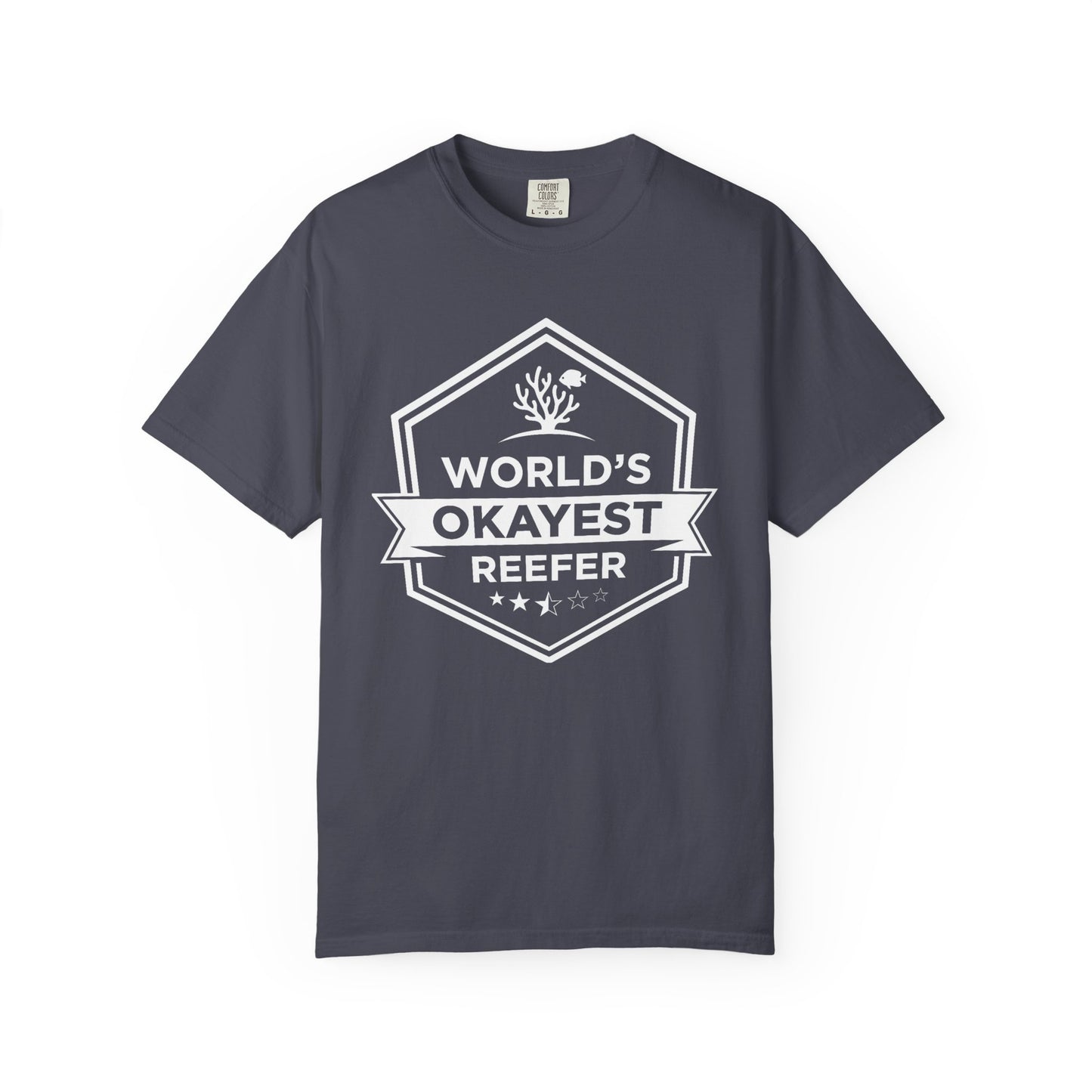 Broke Reefers graphic t-shirt featuring a badge-style illustration with the text: WORLD’S OKAYEST REEFER, navy crew neck tee