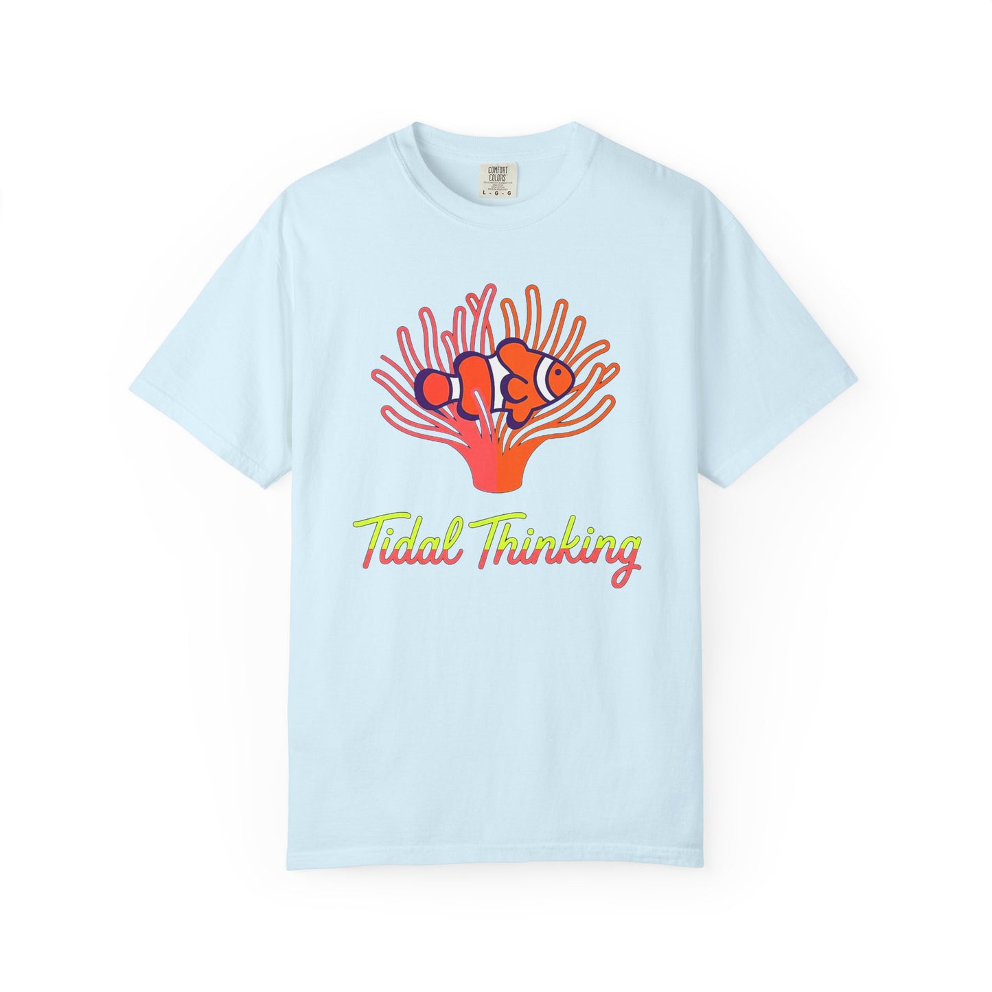 Broke Reefers saltwater aquarium graphic t-shirt featuring a vibrant illustration of a clownfish in an anemone with the text: Tidal Thinking, light blue crew neck tee