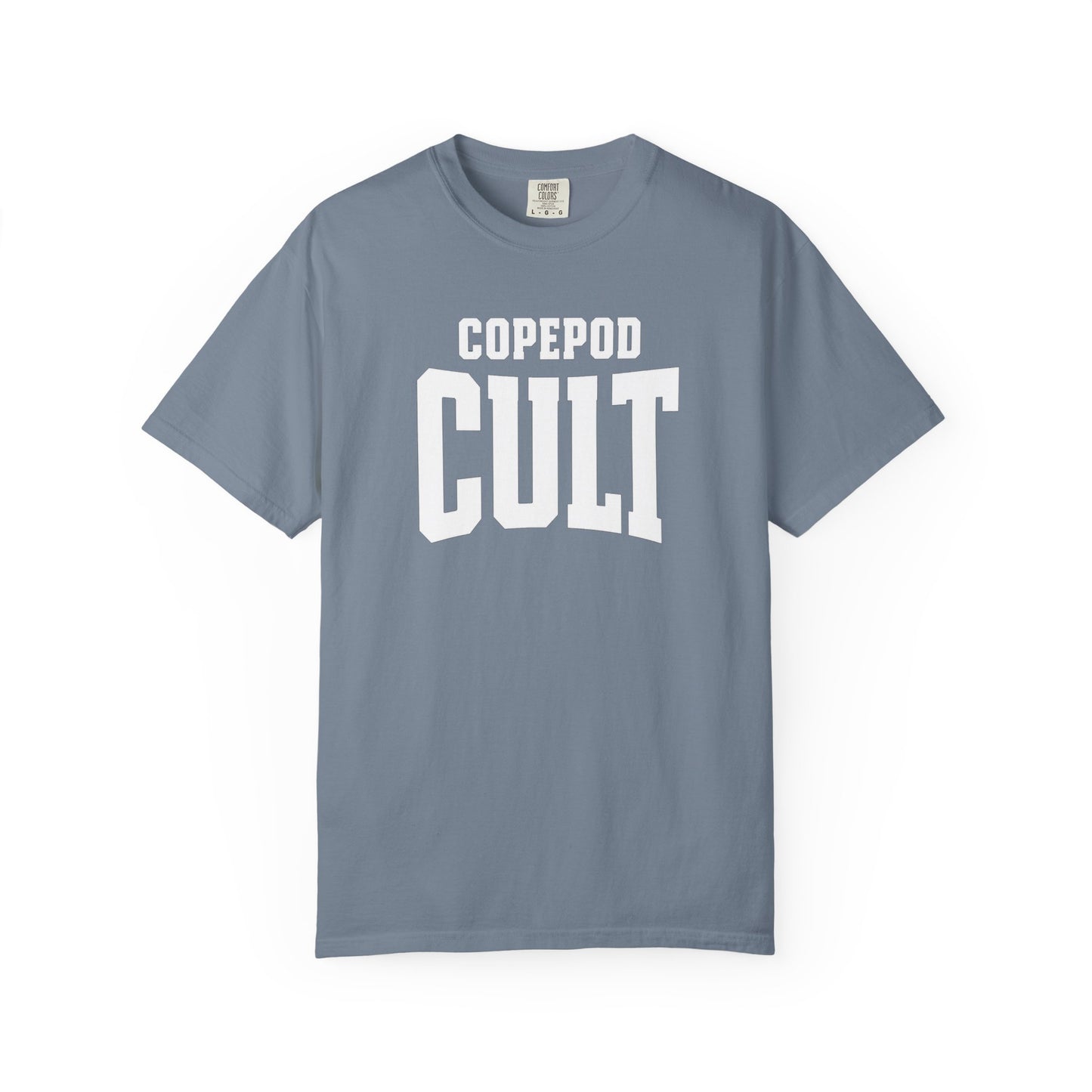 Broke Reefers saltwater aquarium graphic t-shirt featuring bold, collegiate-style typography that reads: COPEPOD CULT, blue crew neck tee