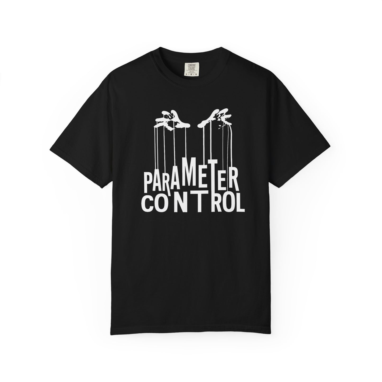 Broke Reefers graphic t-shirt featuring an illustration of hands controlling strings with the text: PARAMETER CONTROL, black crew neck tee