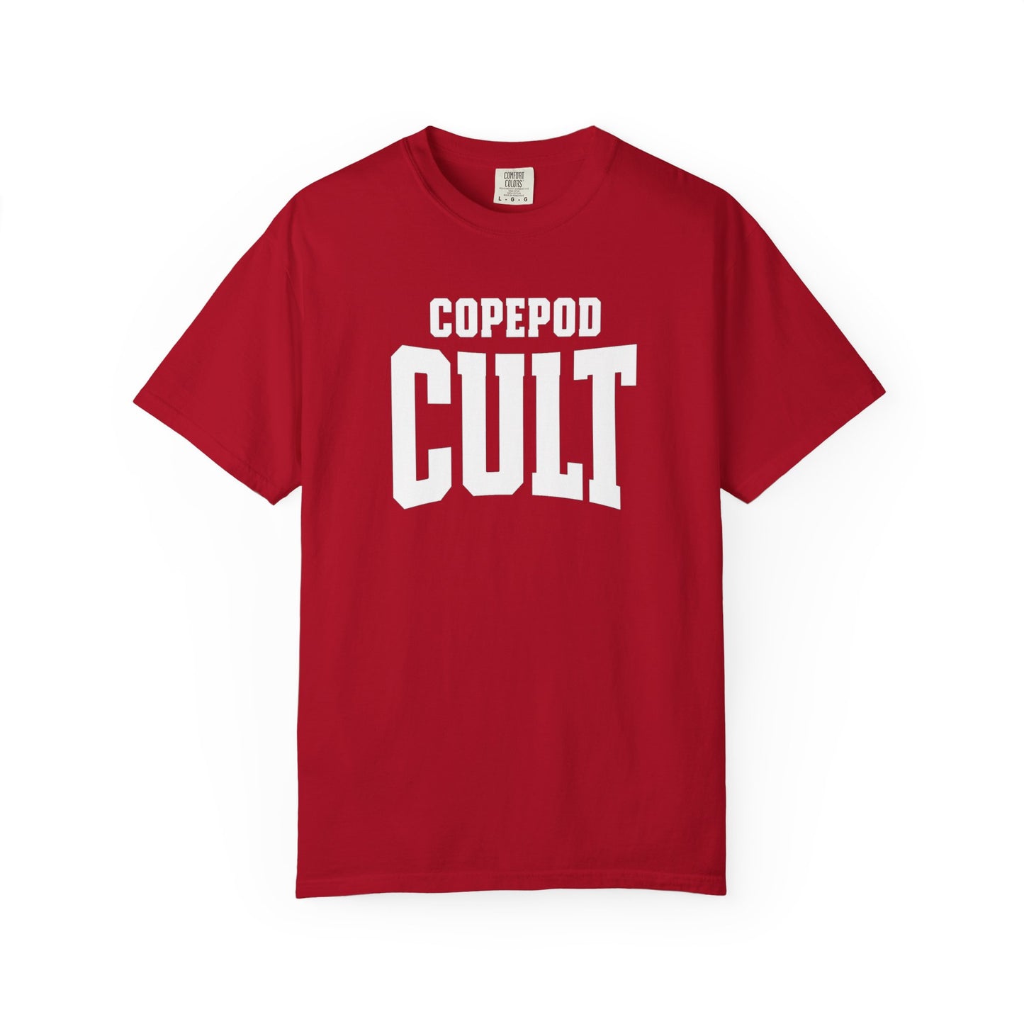 Broke Reefers saltwater aquarium graphic t-shirt featuring bold, collegiate-style typography that reads: COPEPOD CULT, red crew neck tee