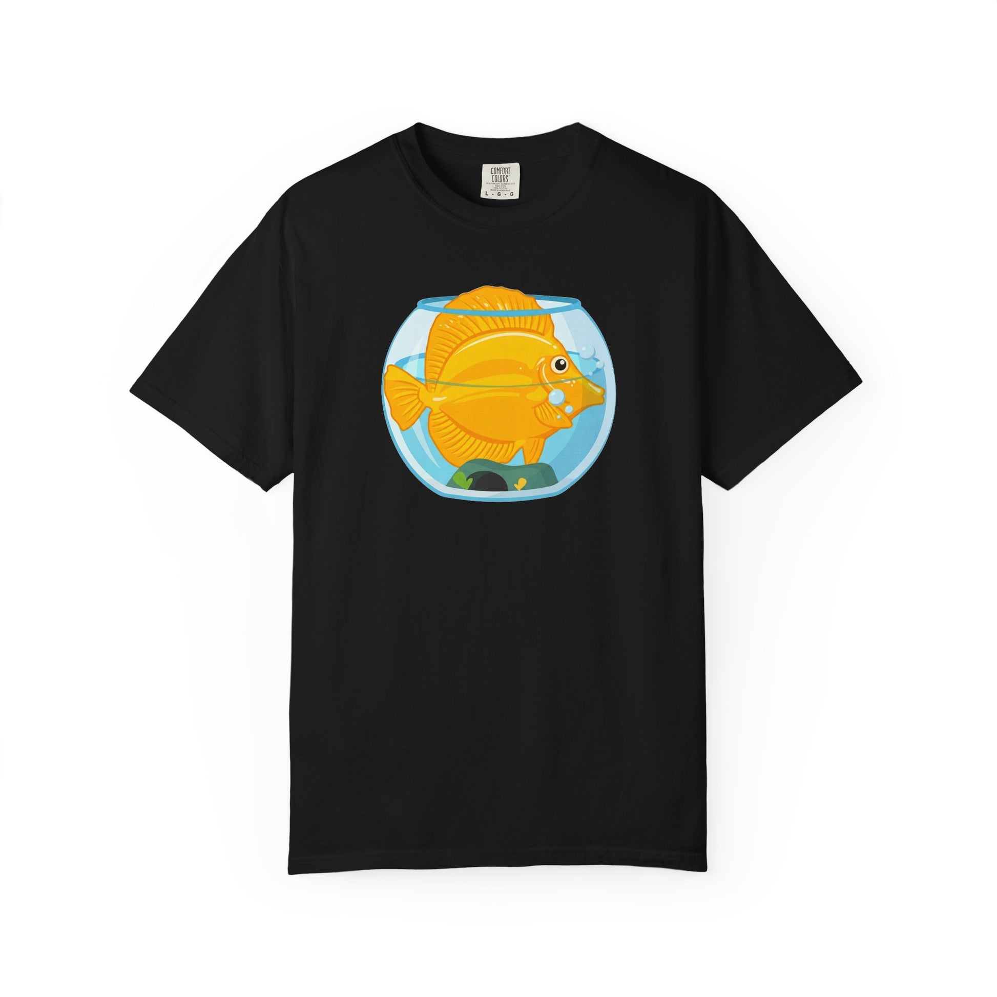 Broke Reefers graphic t-shirt featuring a humorous illustration of a yellow tang crammed inside a small fishbowl, black crew neck tee