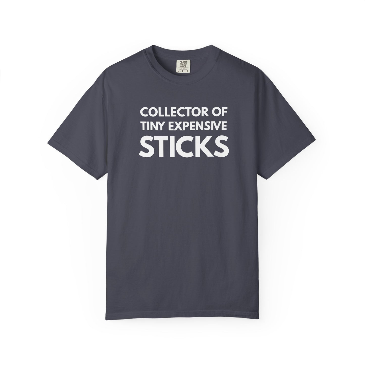 Broke Reefers saltwater aquarium graphic t-shirt featuring bold, minimalist text that reads: COLLECTOR OF TINY EXPENSIVE STICKS, navy crew neck tee
