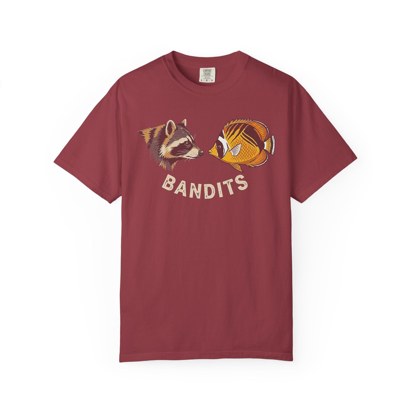 Broke Reefers saltwater aquarium graphic t-shirt featuring a paired illustration of a raccoon and a Raccoon Butterflyfish with the text: BANDITS, maroon crew neck tee