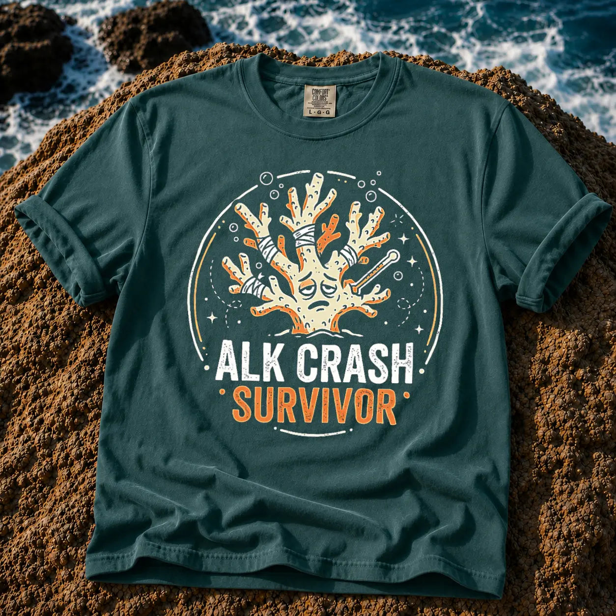 Broke Reefers saltwater aquarium graphic t-shirt featuring an expressive, bandaged coral illustration with the text: ALK CRASH SURVIVOR, dark green crew neck tee