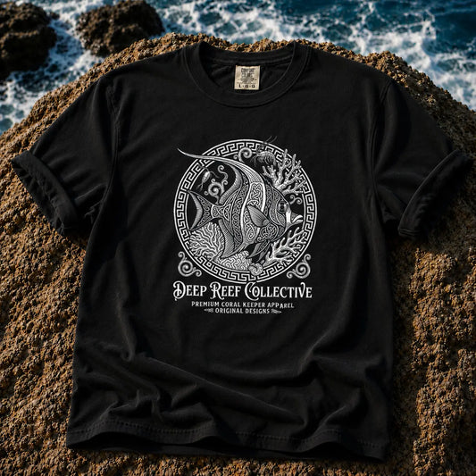 Deep Reef Collective saltwater aquarium graphic t-shirt featuring an intricate knotwork illustration of a Moorish Idol (Zanclus cornutus) in a Greek-key frame with the text: DEEP REEF COLLECTIVE, PREMIUM CORAL KEEPER APPAREL, ORIGINAL DESIGNS, black crew neck tee